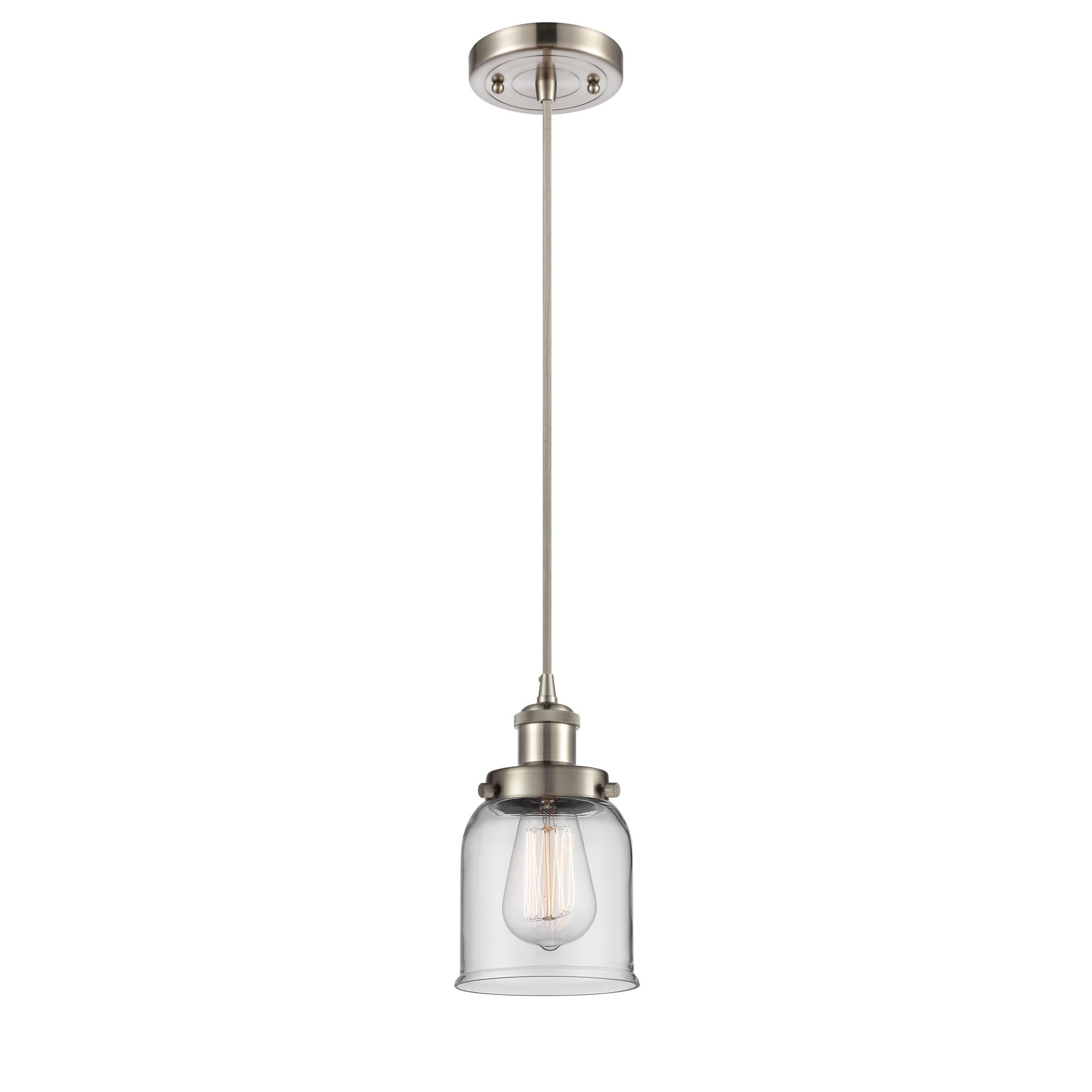 Shown in Brushed Satin Nickel finish and Bell glass and Glass shade