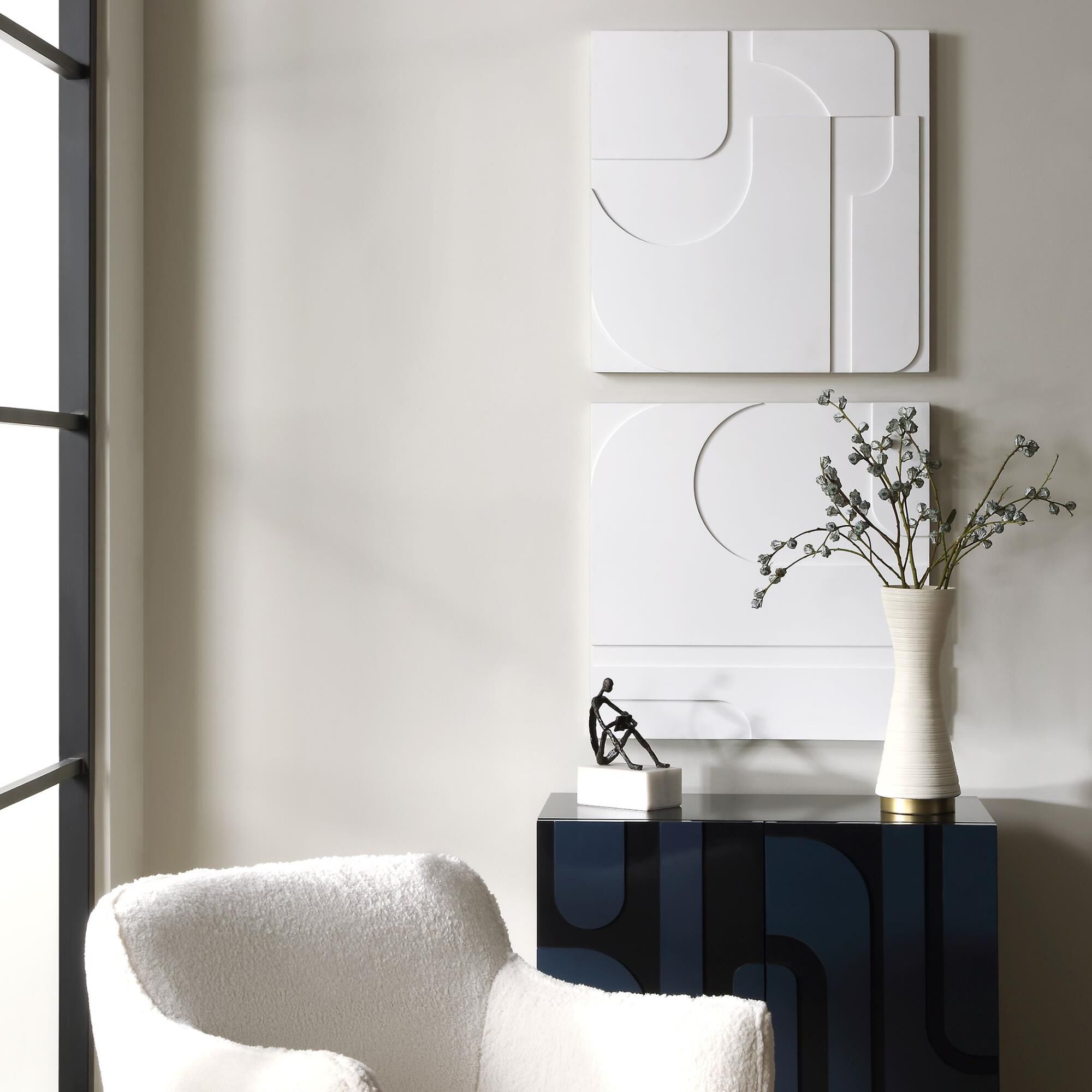 Shown in An Abstract Curvilinear Display Of Shapes In A Solid White Three Dimensional Panel Creates A Clean A finish