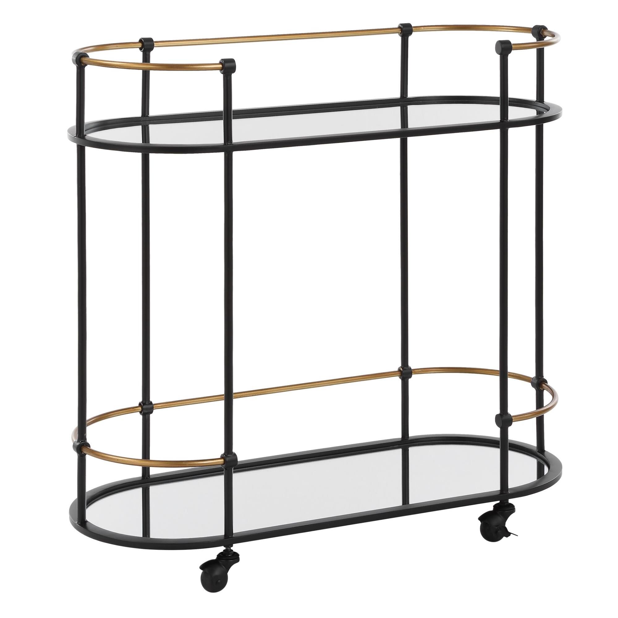 Shown in Highlighting A Clean Pill Shaped Design This Bar Cart Brags Of Satin Black Finished Iron Legs Accent finish