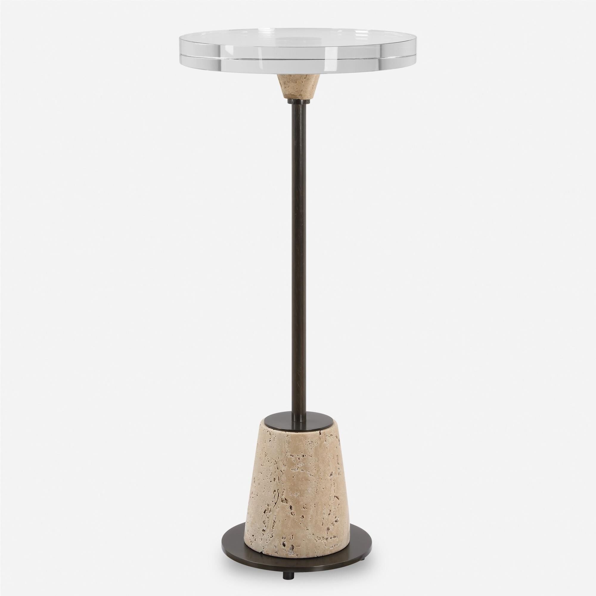 Shown in The Aurthur Accent Table Features A Thick Crystal Top, Honed And Unfilled Travertine, Paired With Br finish