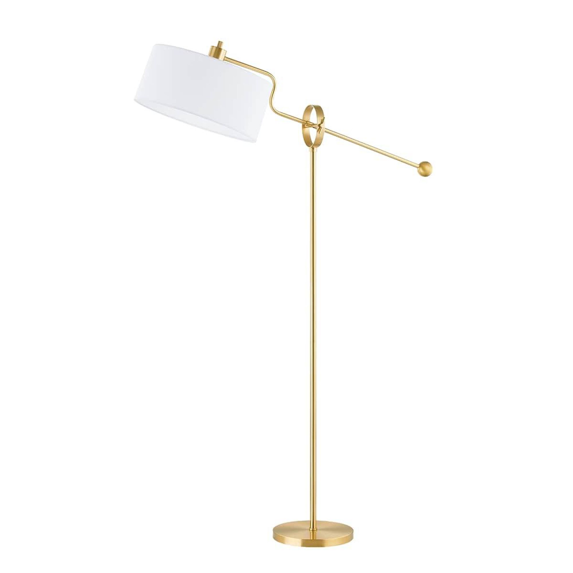 Shown in Aged Brass finish and White Linen shade