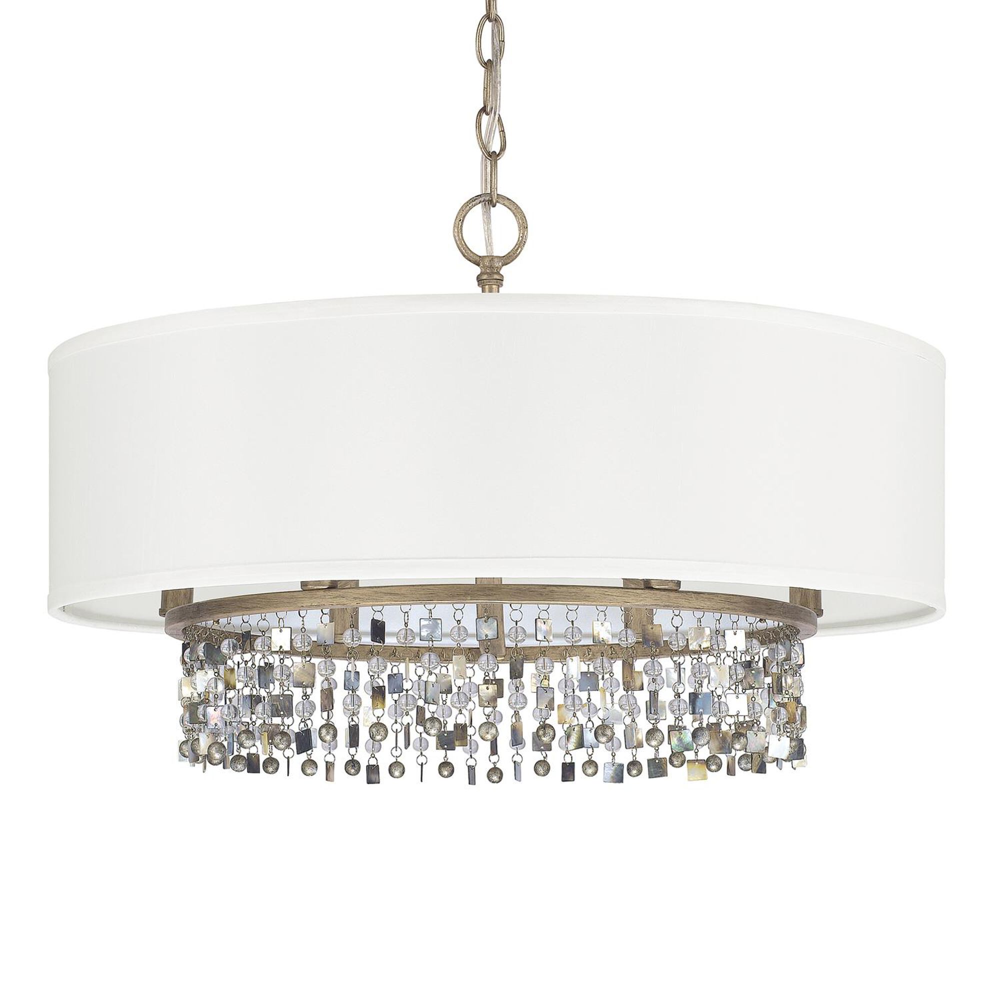 Shown in Brushed Gold finish and Clear And Painted crystal and Decorative Fabric (S) shade and Capiz Shells accent