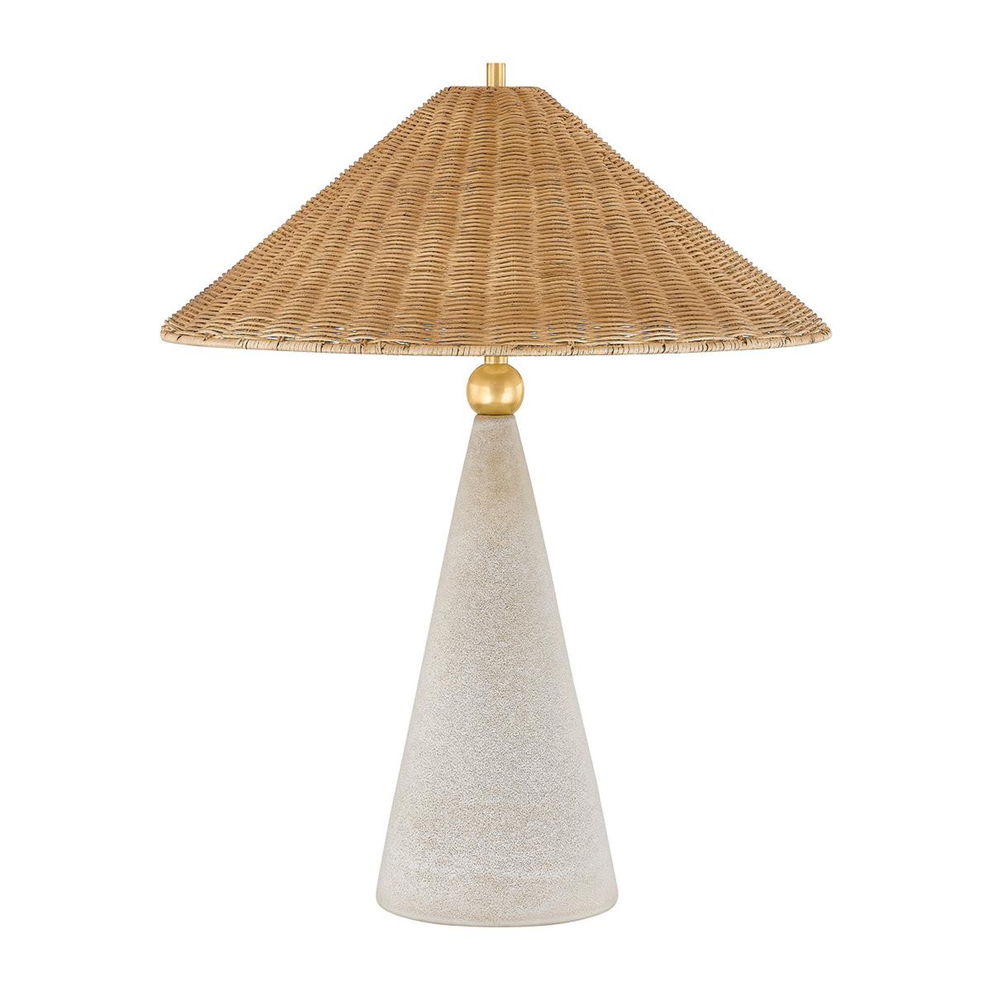 Shown in Aged Brass and Ceramic Windswept White finish and Natural Woven shade