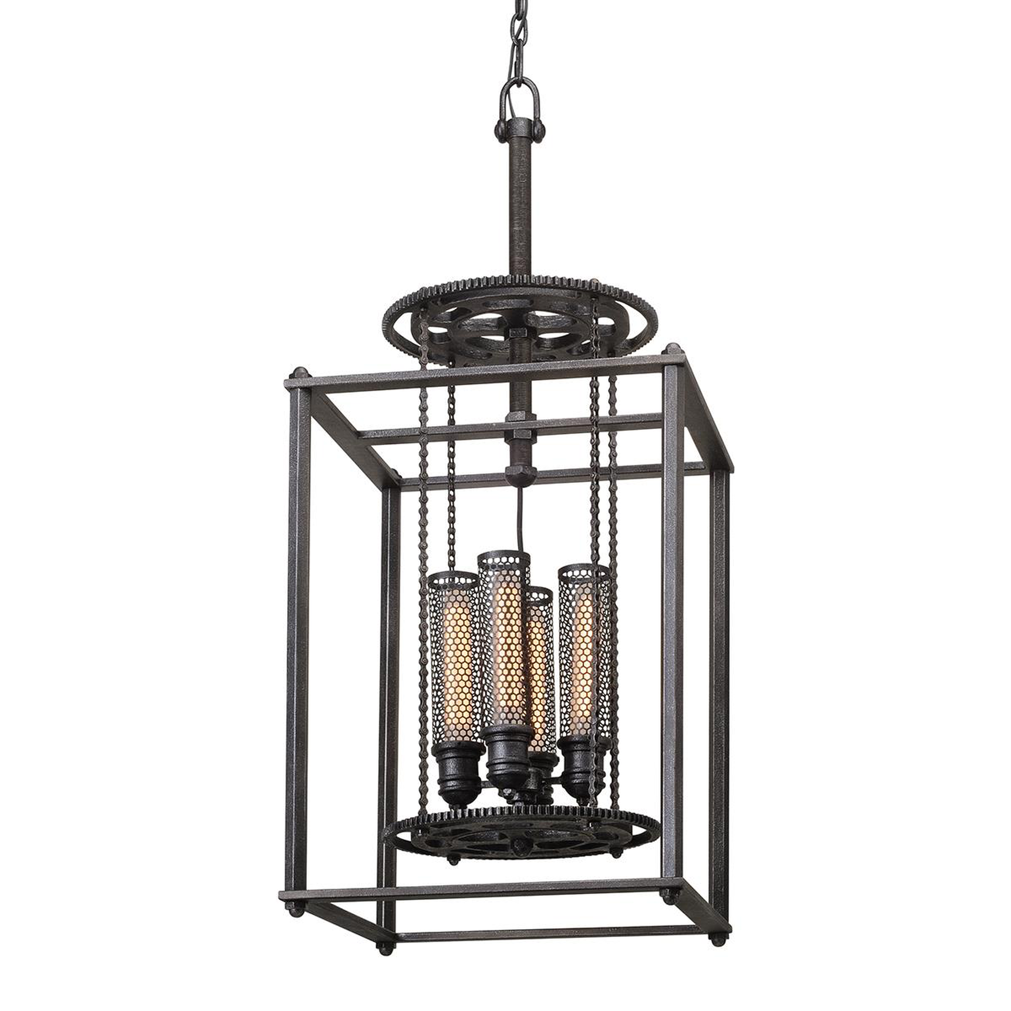 Shown in Aged Pewter finish and Aged Pewter glass and Hand-Worked Iron and Cast Aluminum shade