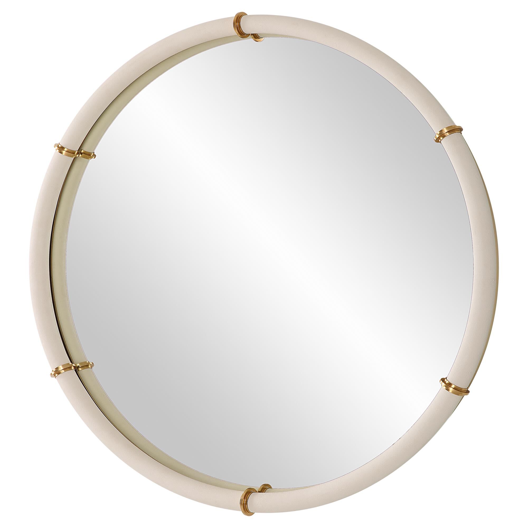 Shown in The Cyprus Round Mirror Showcases A White Faux Shagreen Leather Wrap Featuring Brass Plated Steel Ba finish