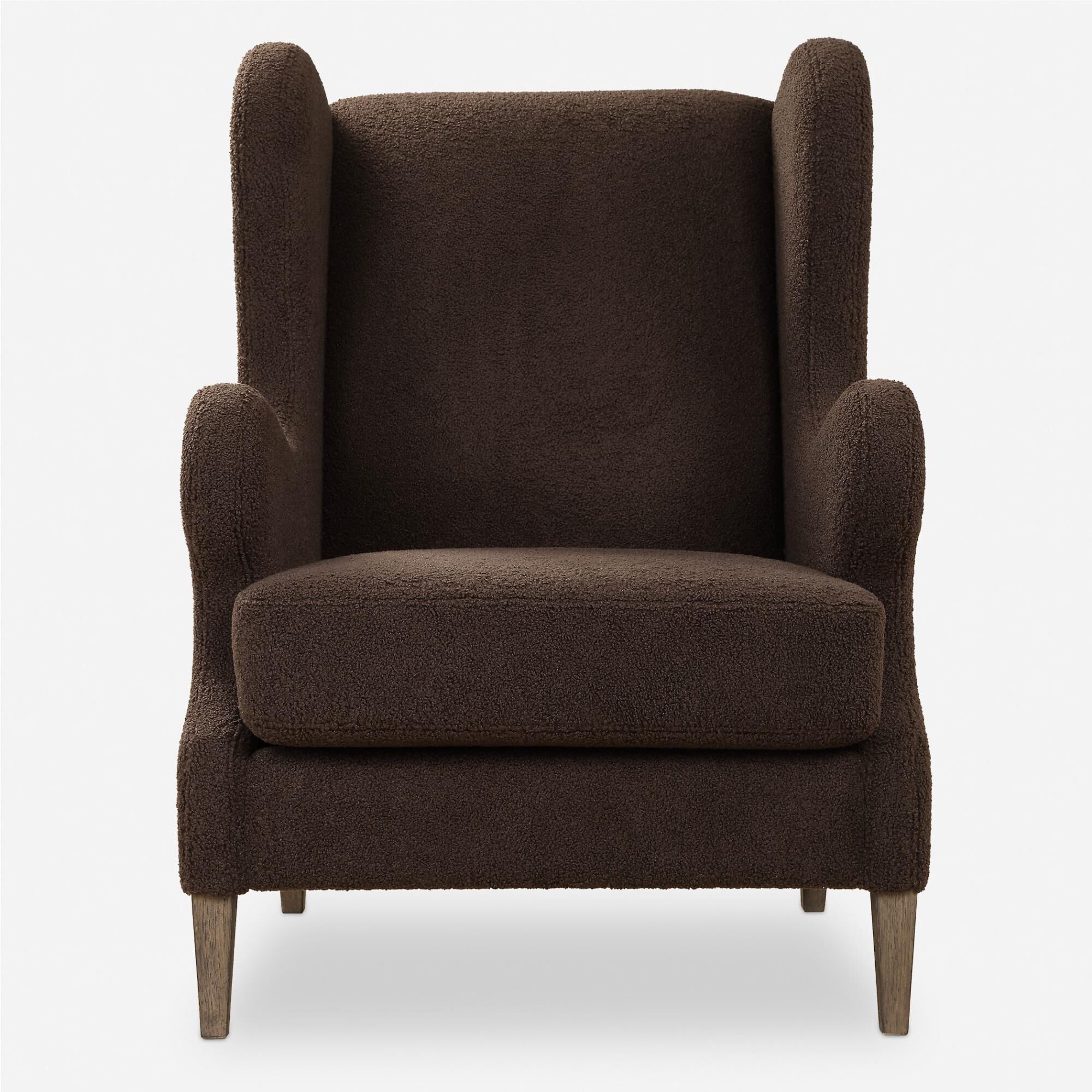 Shown in A Classic Wingback Chair With A Modern Twist. Dramatic Curved Lines Are Accentuated By The Rich Choc finish