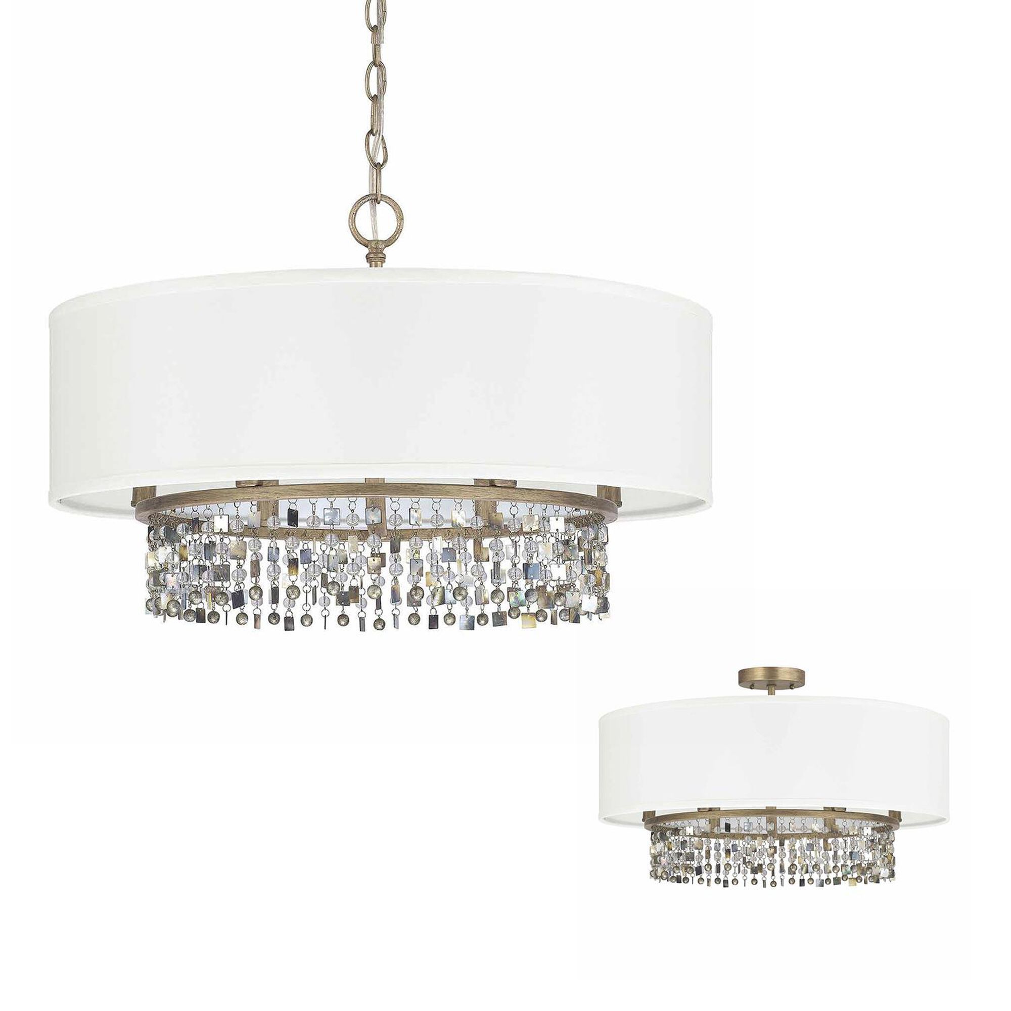 Shown in Brushed Gold finish and Clear And Painted crystal and Decorative Fabric (S) shade and Capiz Shells accent