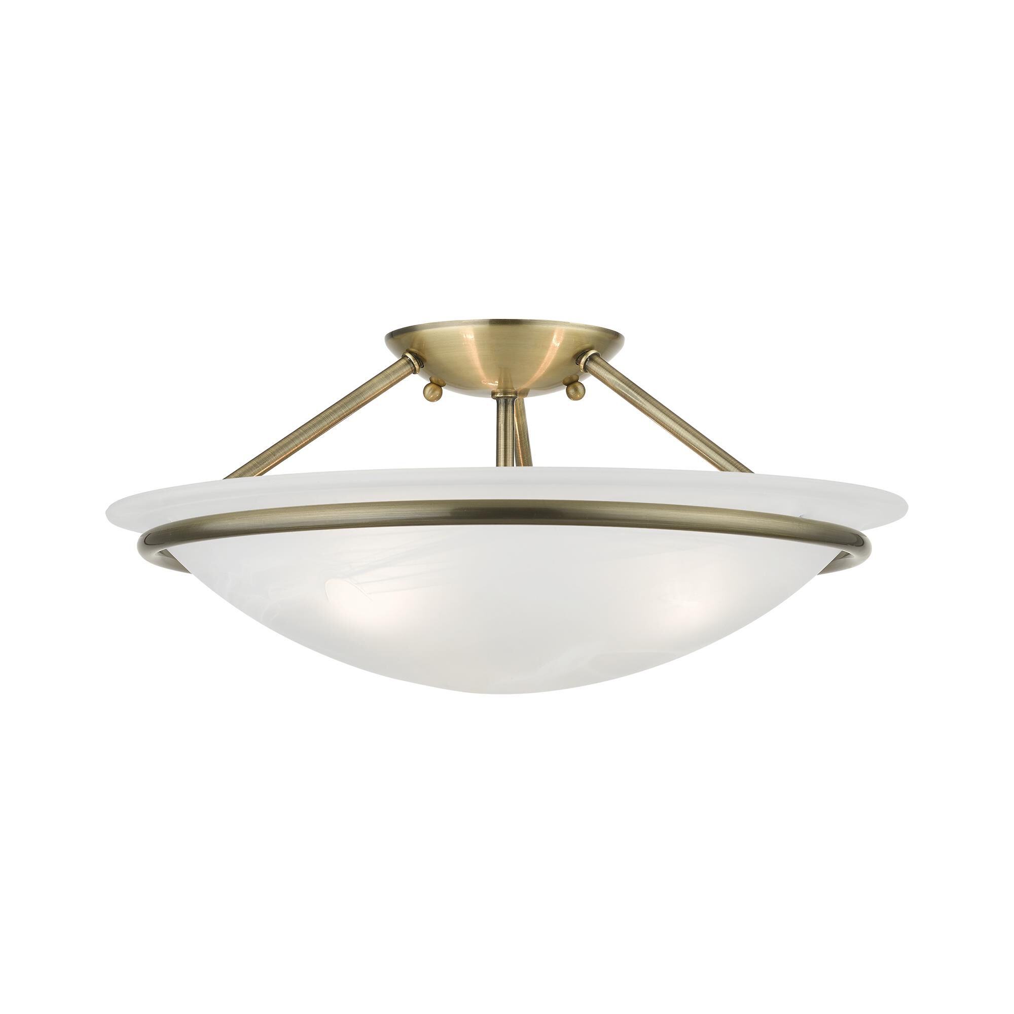 Shown in Antique Brass finish and White Alabaster glass and White Alabaster Glass shade