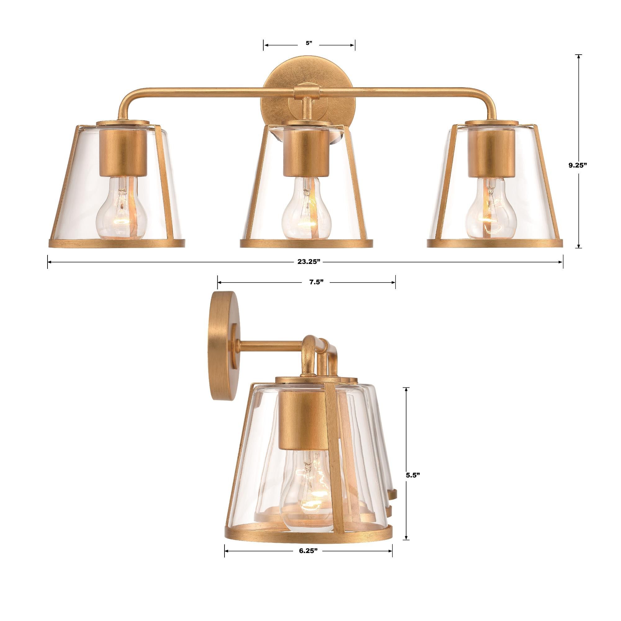 Shown in Antique Gold finish and Clear glass and Clear Glass shade