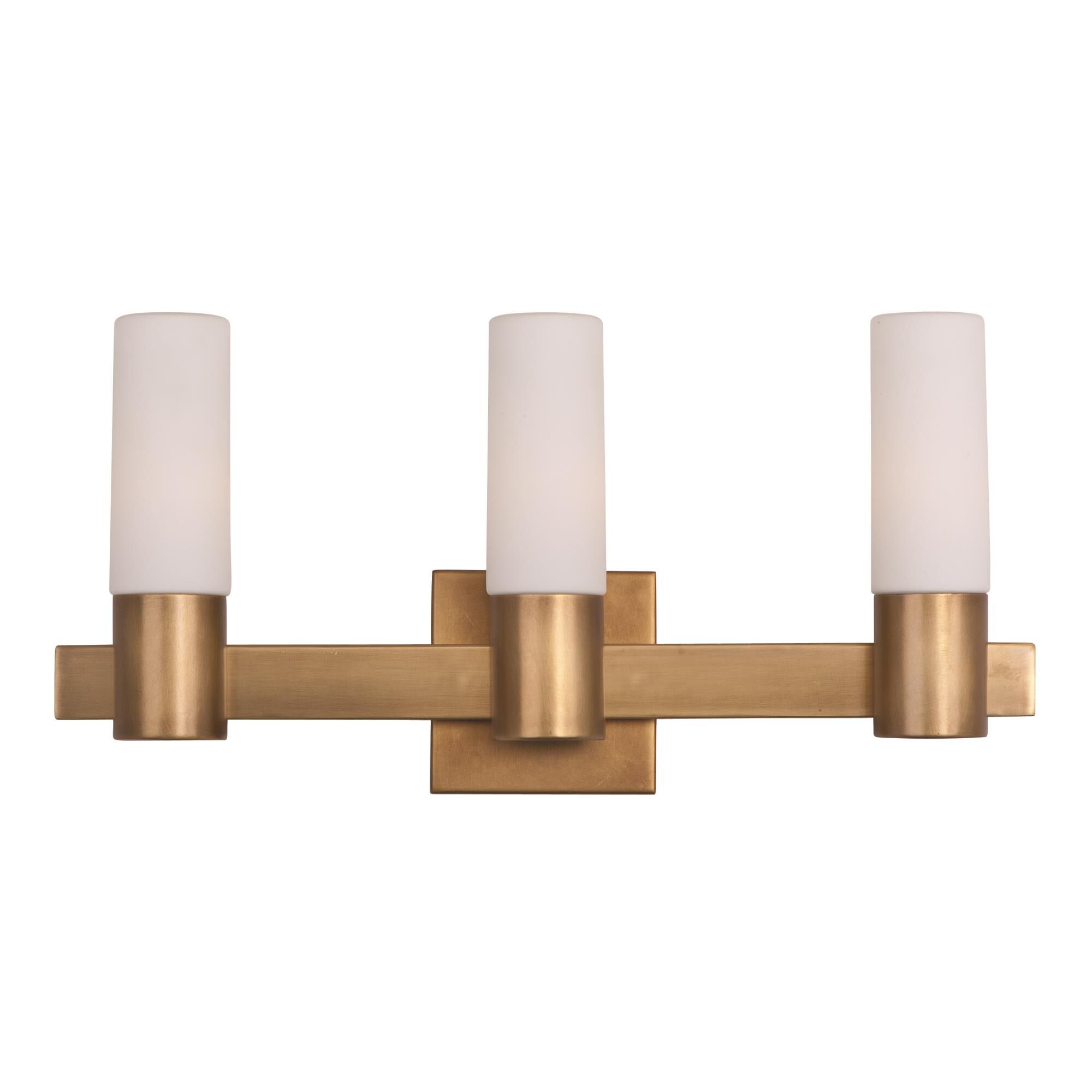 Shown in Natural Aged Brass finish and Satin White glass