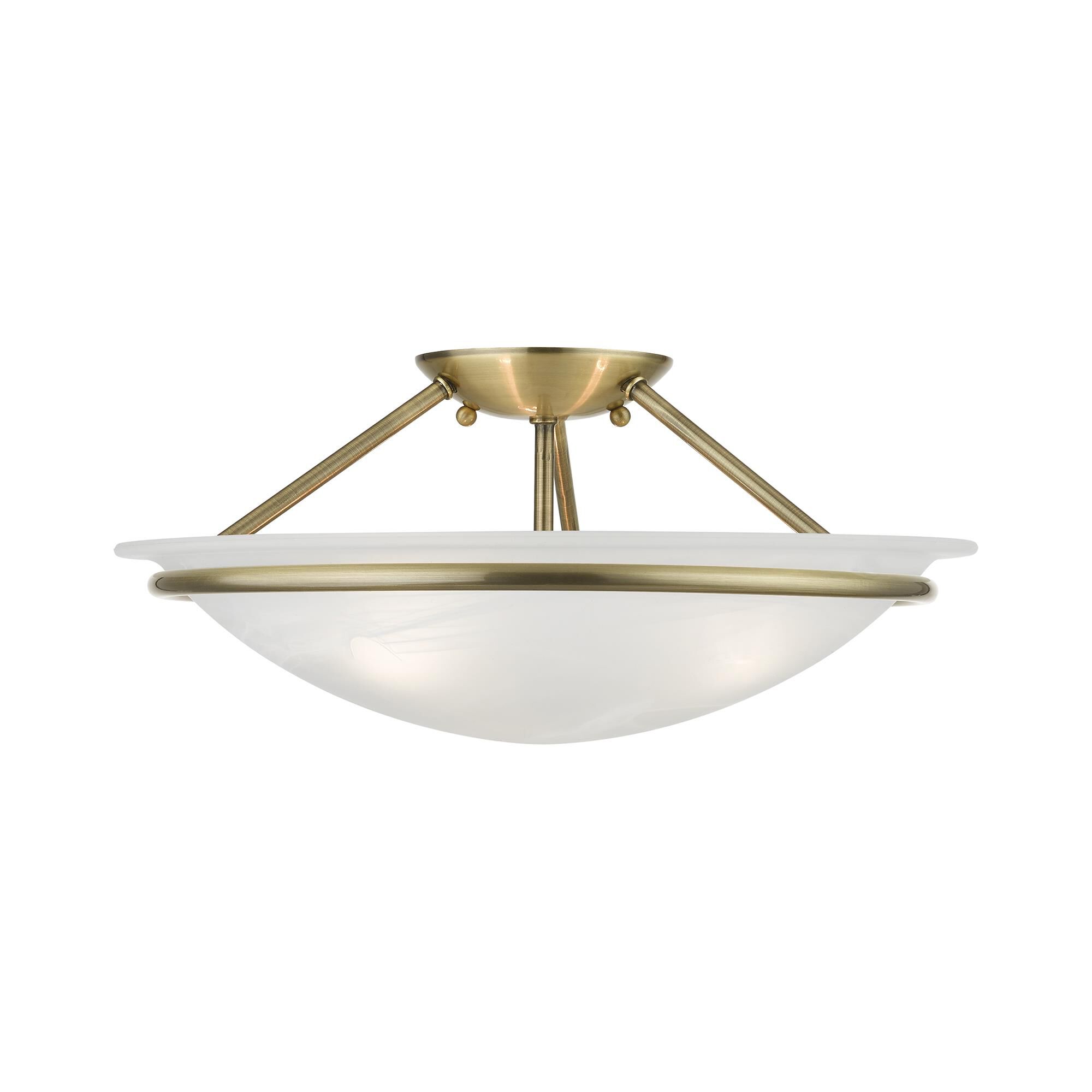 Shown in Antique Brass finish and White Alabaster glass and White Alabaster Glass shade