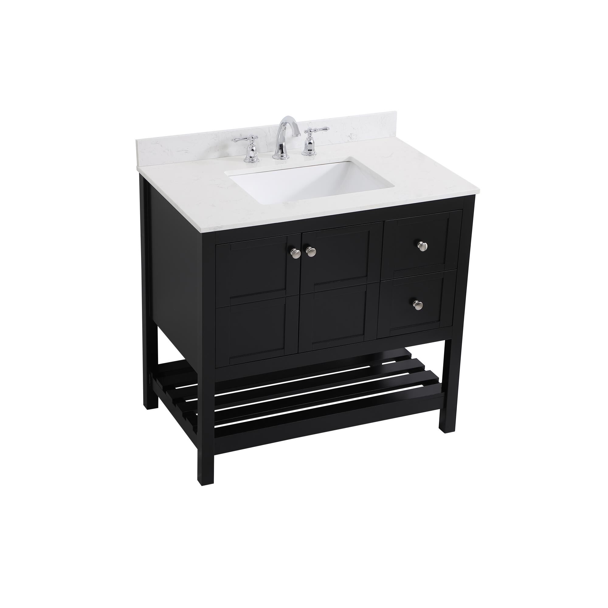 Shown in Black And Brushed Nickel With Calacatta Quartz finish