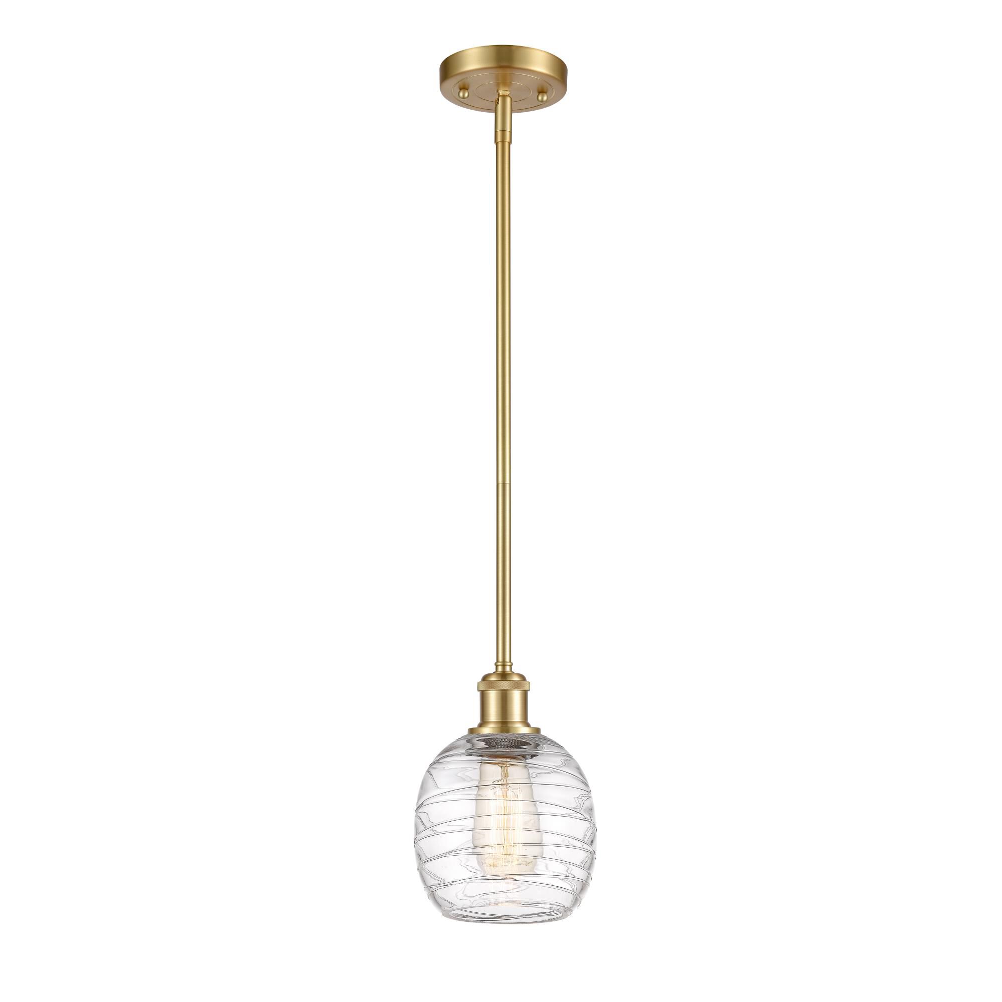 Shown in Satin Gold finish and Deco Swirl Belfast glass