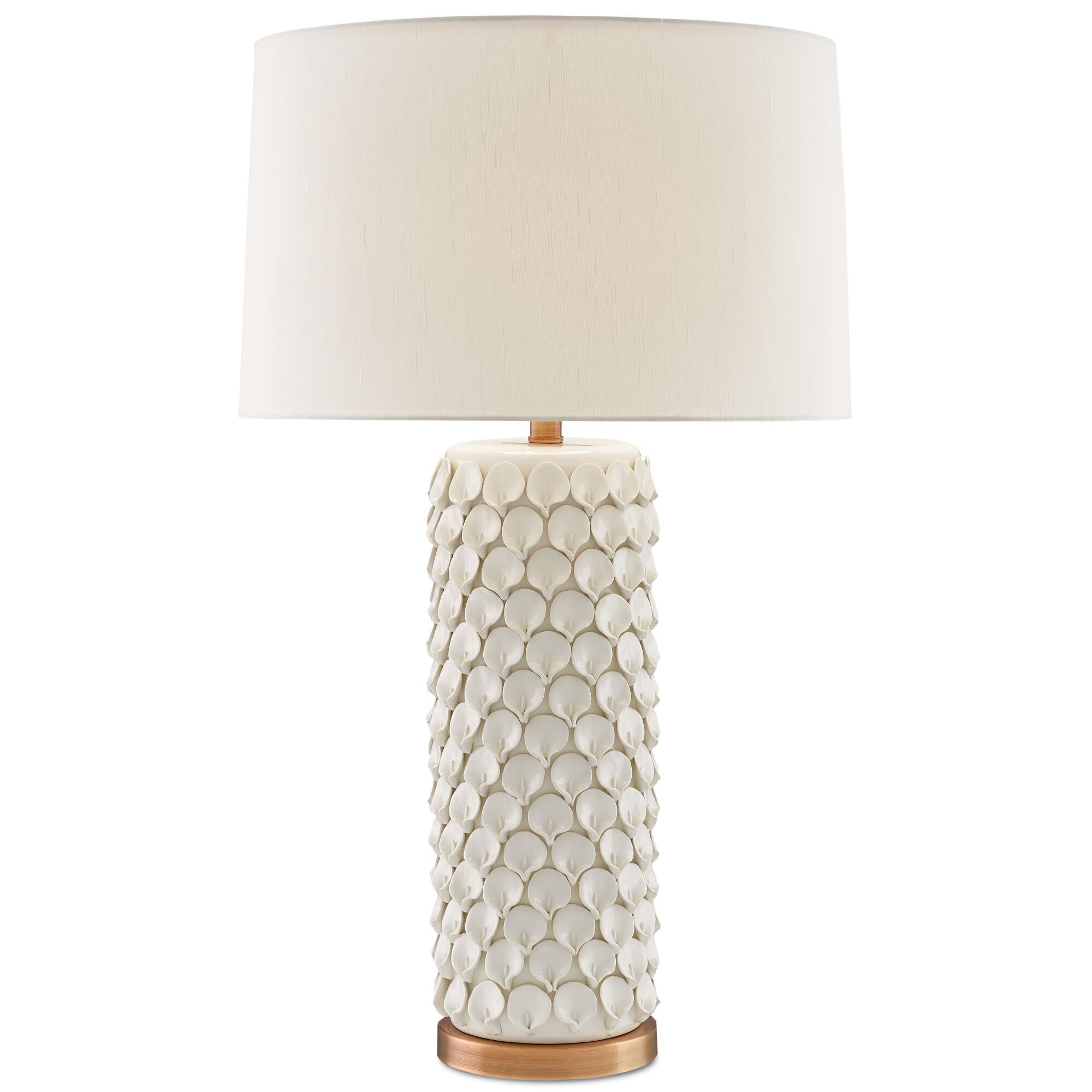 Shown in Cream-Antique Brass finish and Eggshell Shantung shade