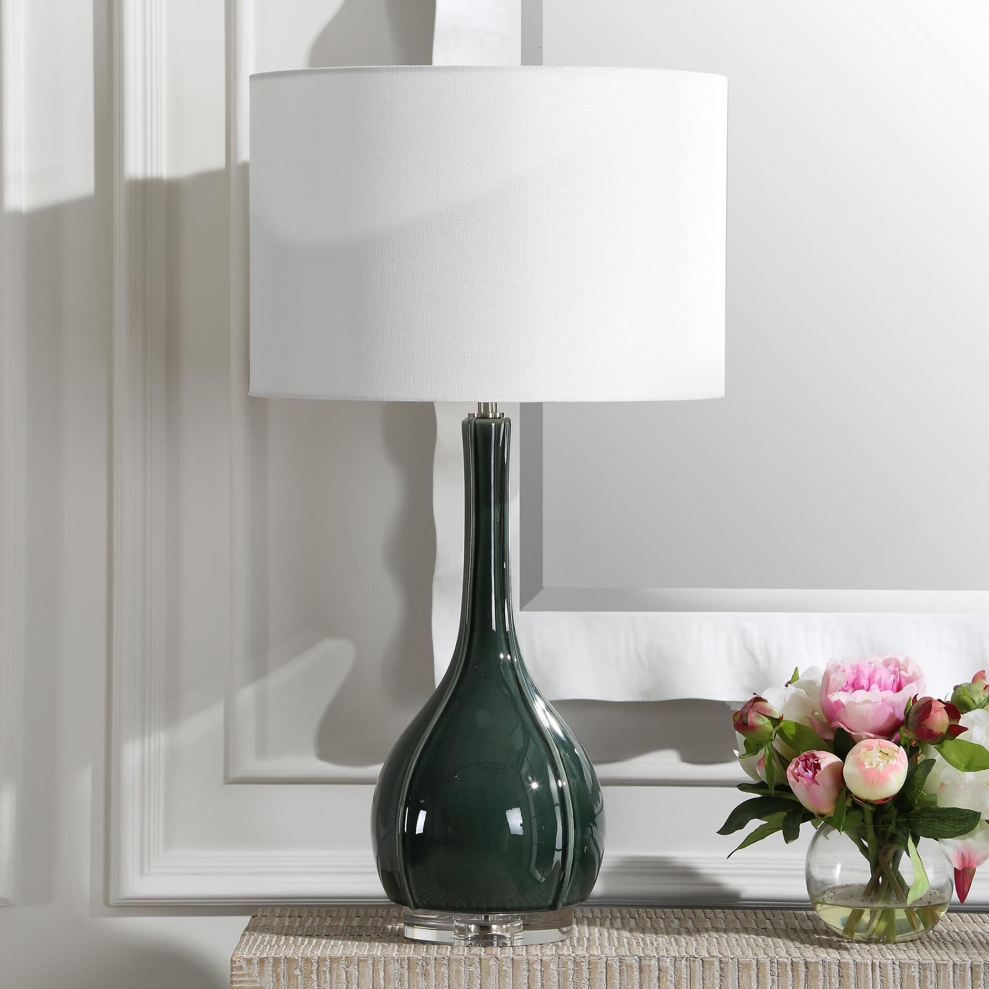 Shown in This Ceramic Fluted Base Is Adorned In A Hunter Green Crackled Glaze. This Sophisticated Table Lamp  finish and Round Drum Hardback shade