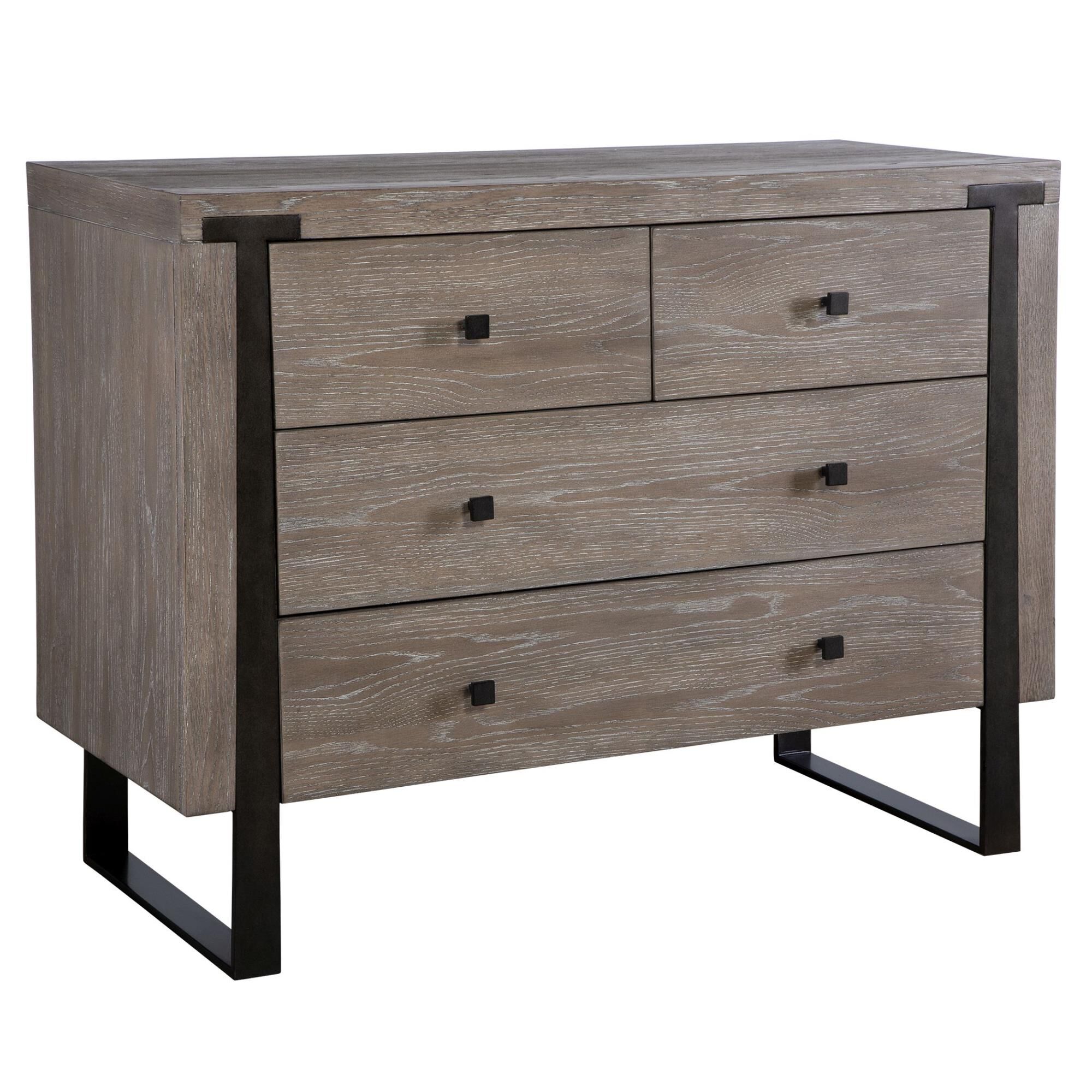 Shown in Contemporary In Style, This Light Oak Veneer Chest Features Dark Bronze Iron Legs That Embed Into Th finish