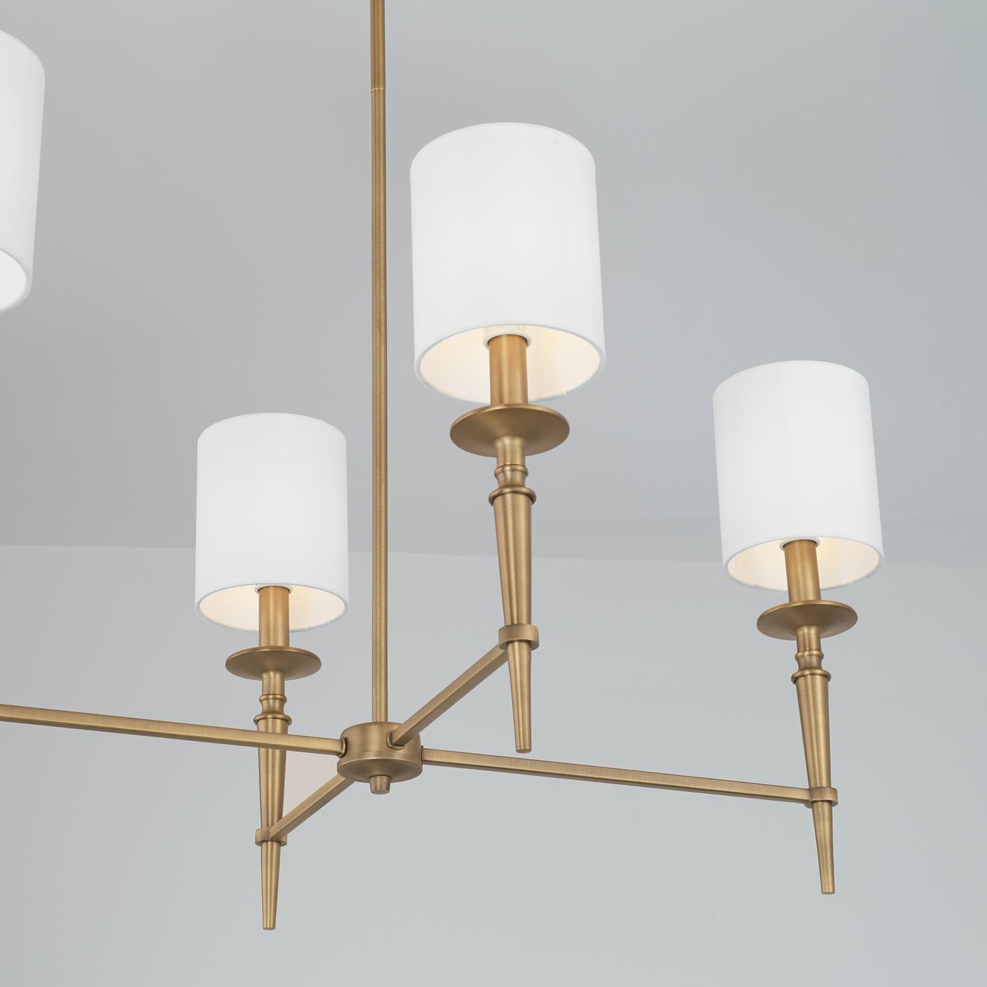 Shown in Aged Brass finish and 701 glass and White Fabric Stay-Straight s shade