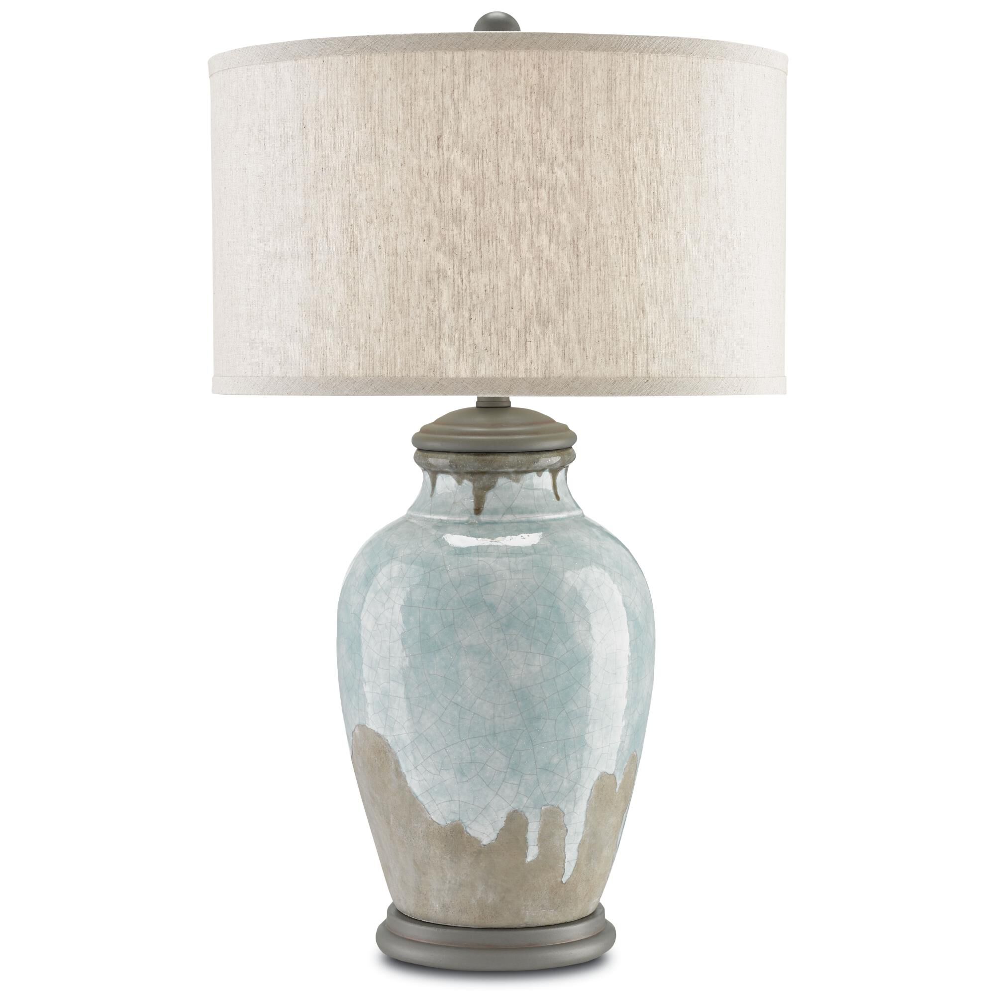 Shown in Blue-Green-Gray-Hiroshi Gray finish and Oatmeal Linen shade