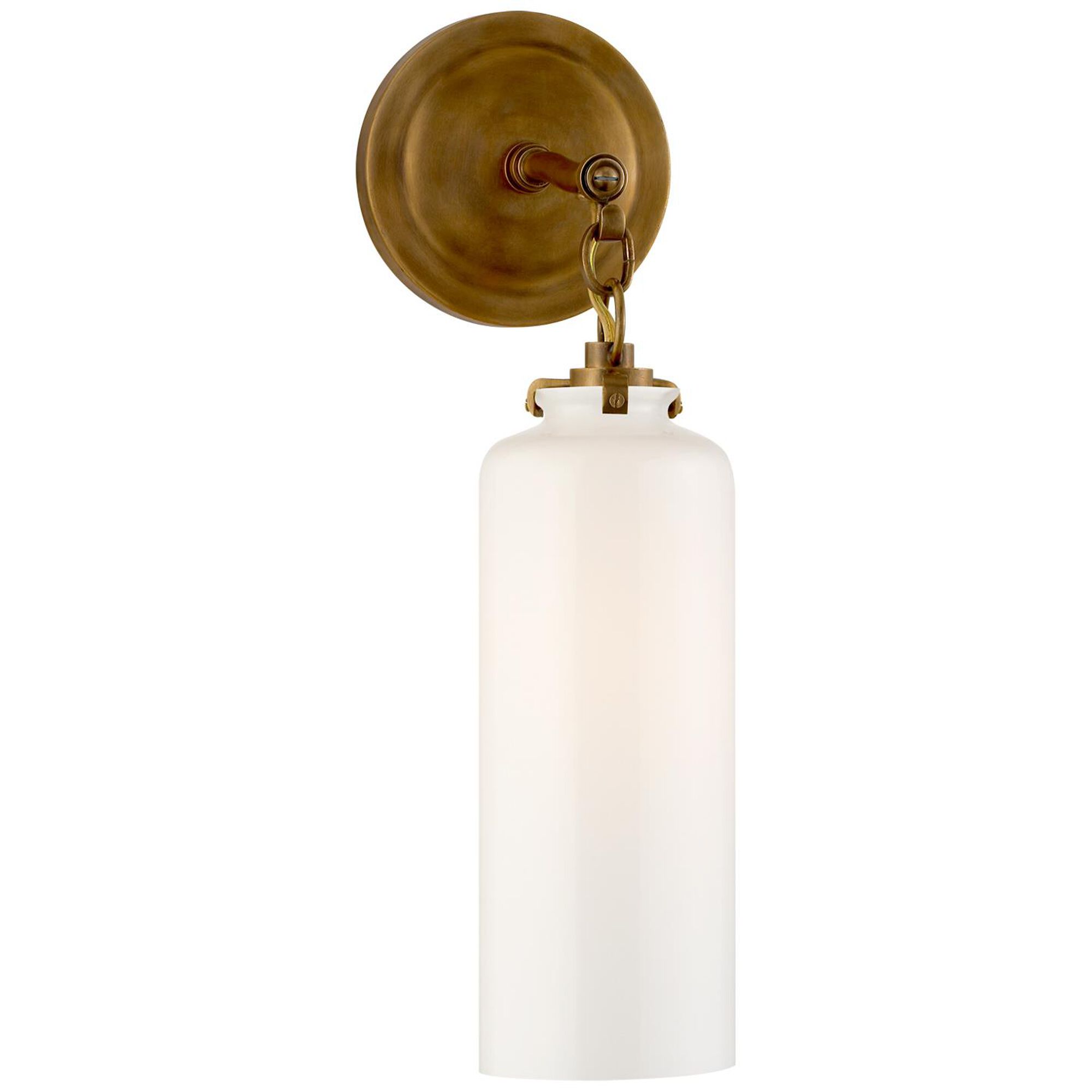 Shown in Hand-Rubbed Antique Brass finish and White glass