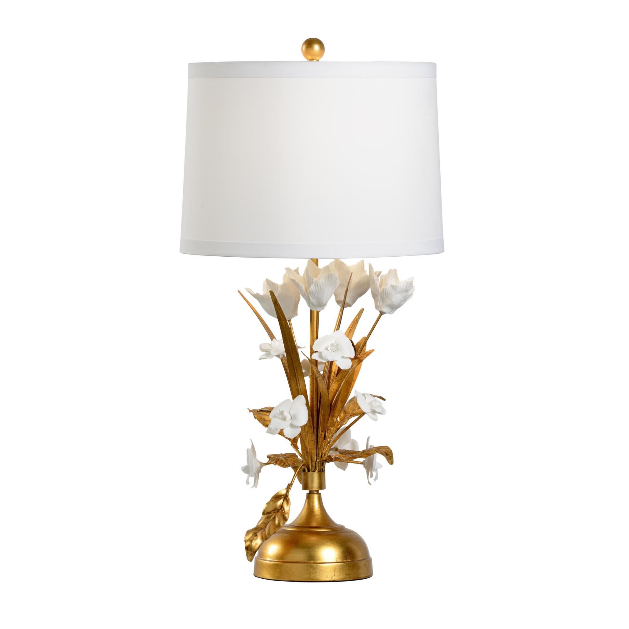 Shown in Antique Gold Leaf-White finish and Off White Silk shade