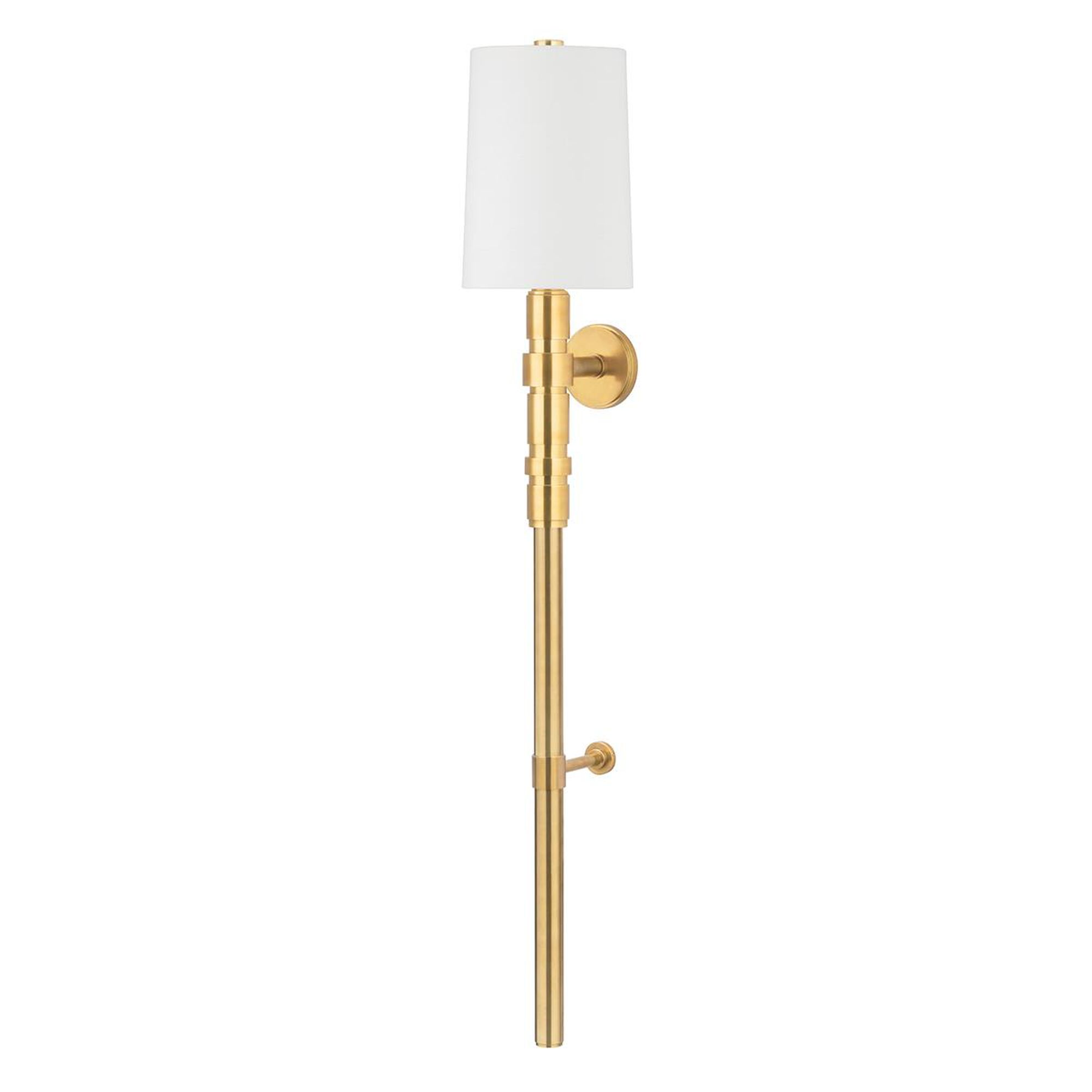 Shown in Vintage Brass finish and White glass