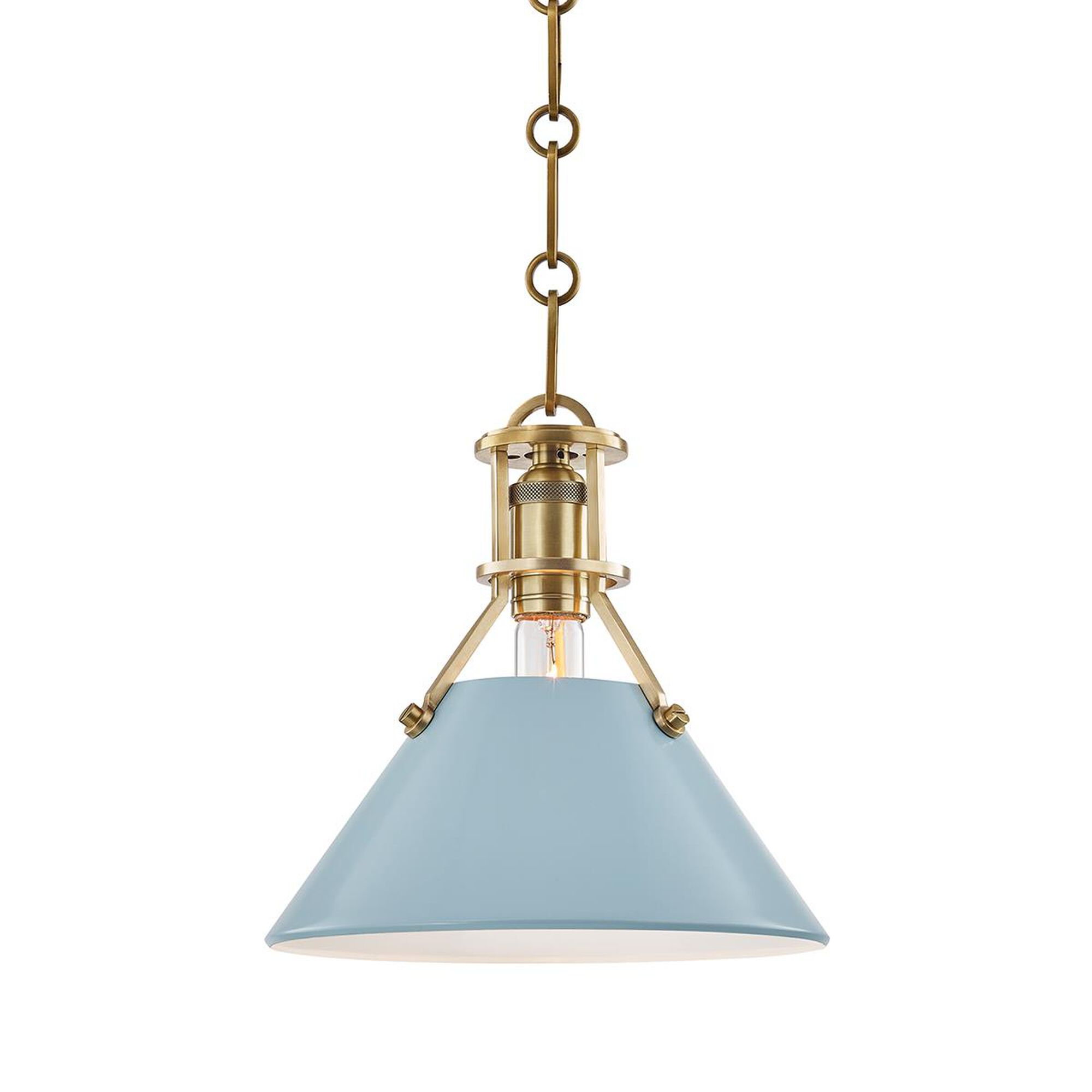 Shown in Aged Brass finish and Blue Bird - Steel shade