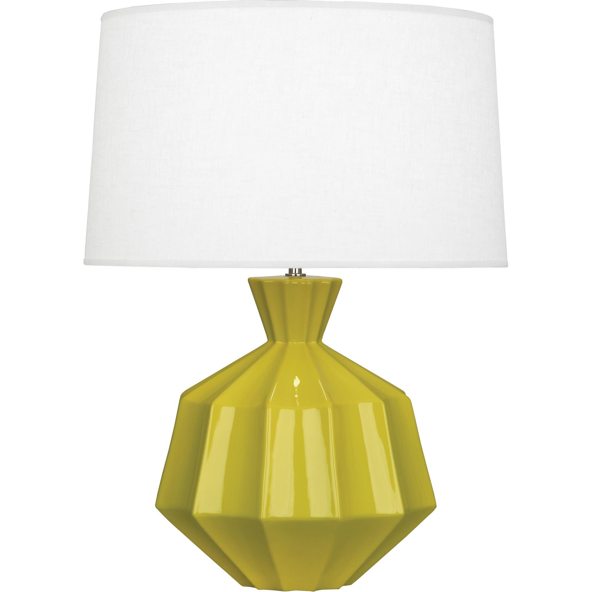 Shown in Citron Glazed Ceramic finish and Oyster Linen With Self Fabric Top Diffuser shade