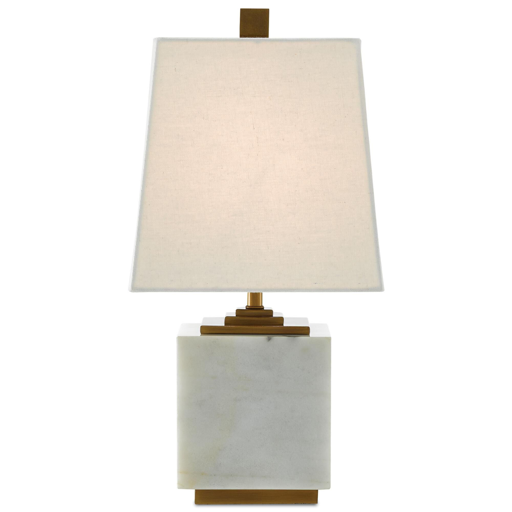 Shown in White-Antique Brass finish and White Linen shade