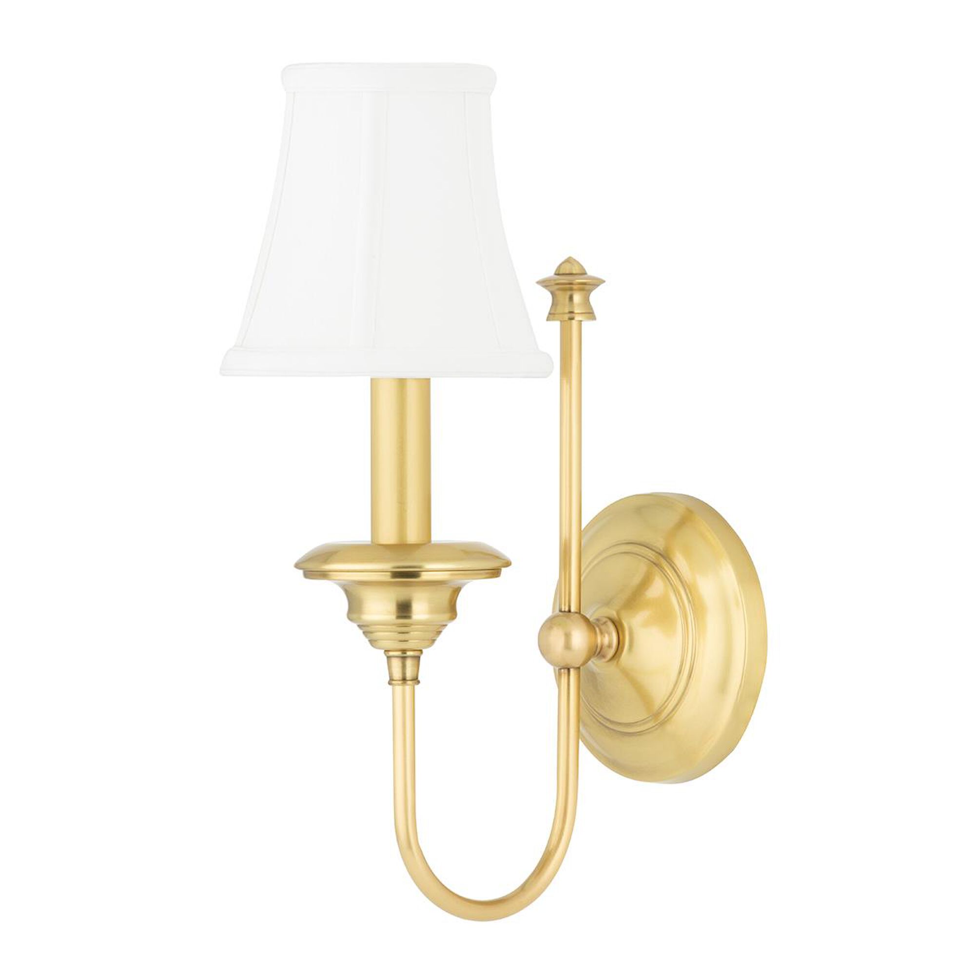 Shown in Aged Brass finish and Off White Faux Silk shade