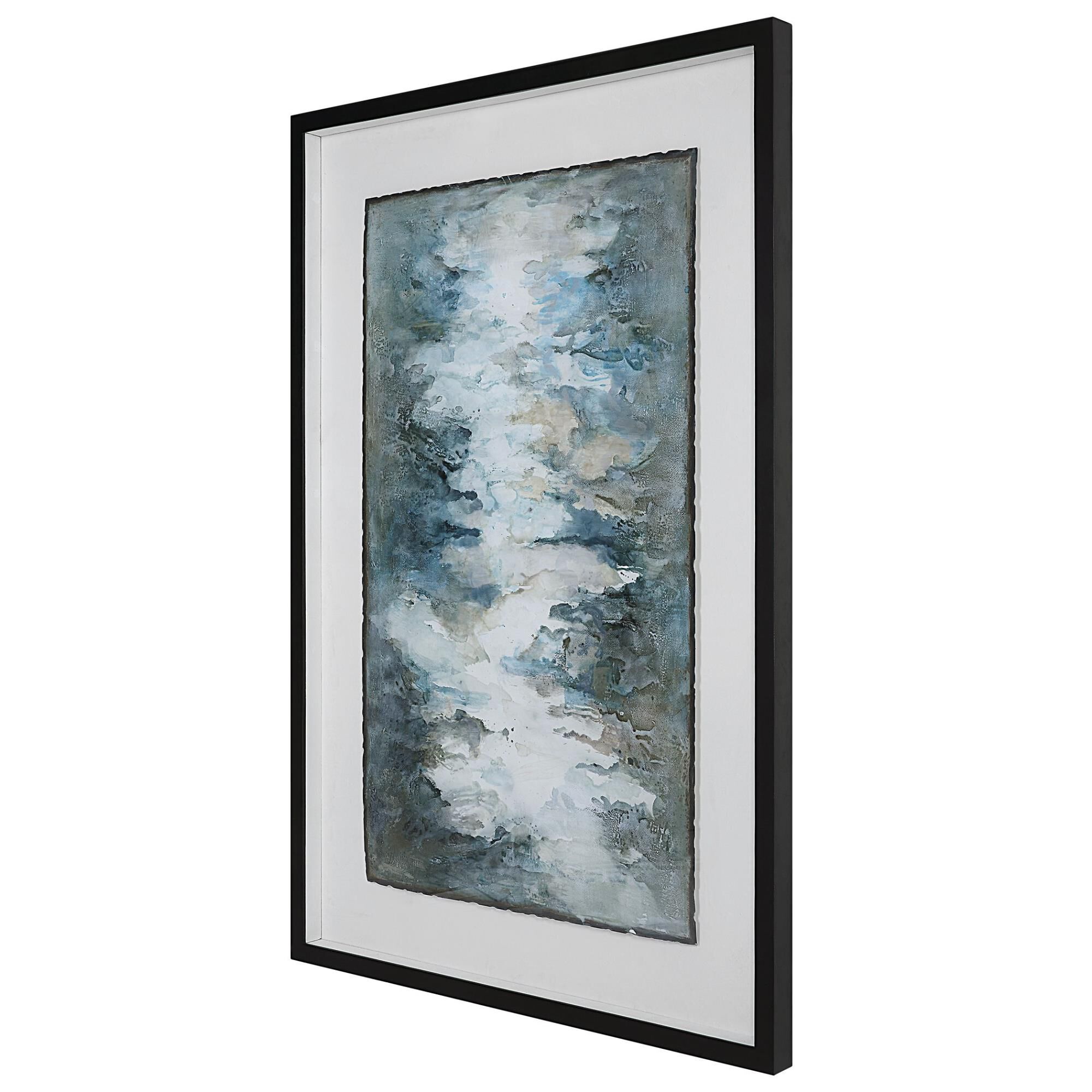 Shown in Black Shadowbox Style Frame, White Linen Backing, Turquoise, Teal, White, Silver Leaf, Green, Metal  finish