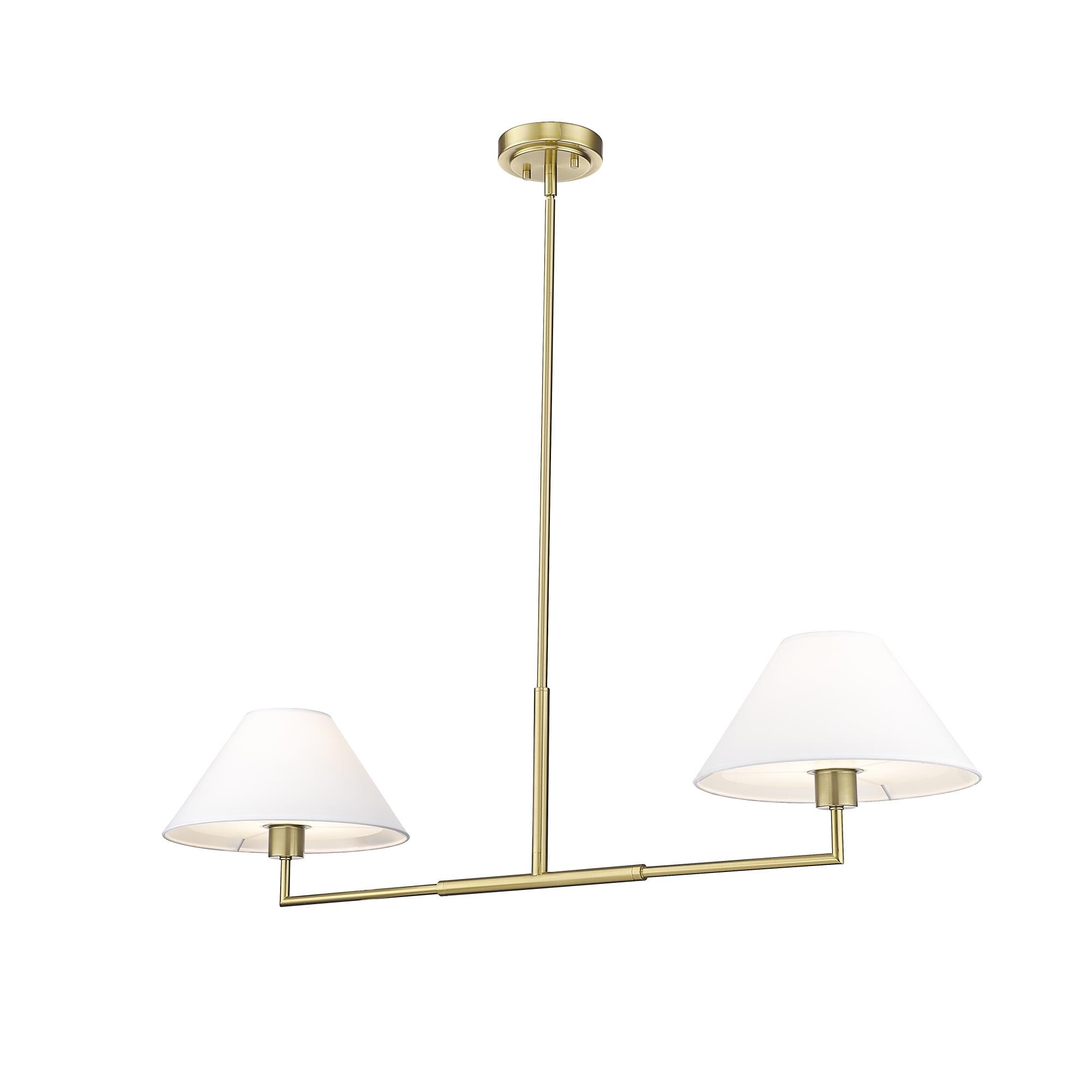 Shown in Luxe Gold finish and White Linen glass and White Linen shade